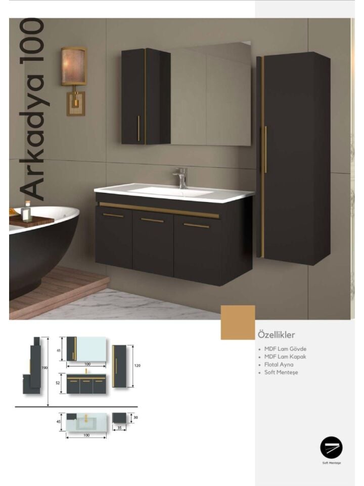 Arkadya 100 cm Siyah Modern Banyo Dolabı – (Boy Dolabı Dahil Değildir)