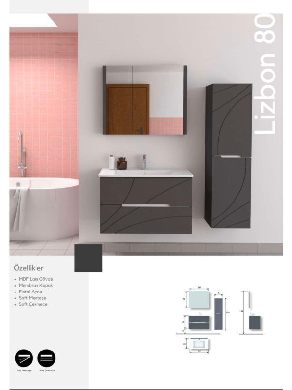 Lizbon 80 cm Lavabolu Banyo Dolabı – Modern Tasarım (Boy Dolabı Dahil Değildir)