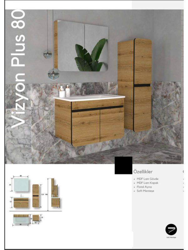 Evros Vizyon Plus 80 cm Banyo Dolabı – MDF Gövdeli, Flotal Aynalı
