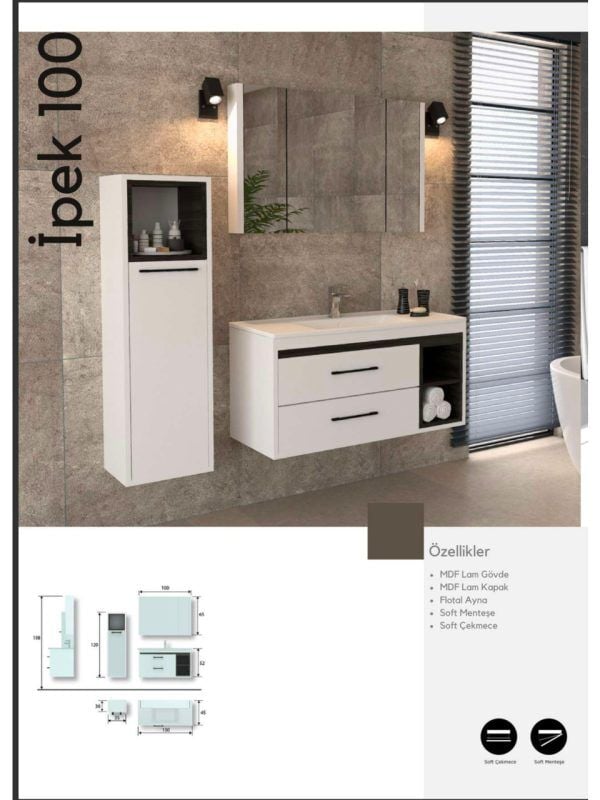 Evros İpek 100 cm Banyo Dolabı – MDF Gövdeli, Modern Tasarım