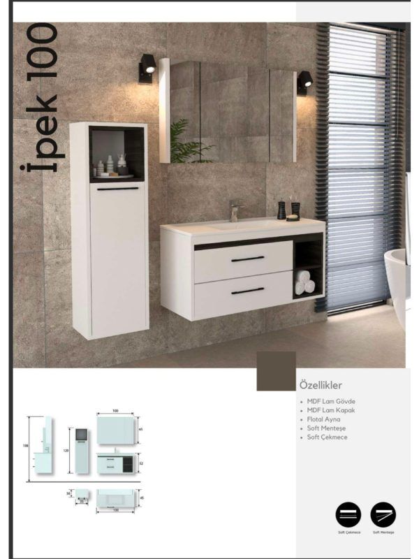 İpek 100 cm Banyo Dolabı – Modern Tasarım (Boy Dolabı Dahil Değildir)