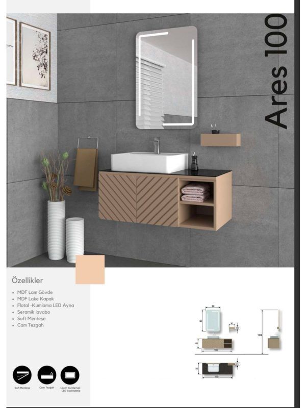 Evros Ares 100 cm Banyo Dolabı – MDF Gövdeli, Modern Tasarım