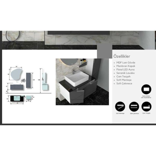 Bella 80 cm Banyo Dolabı –Modern Tasarım (Boy Dolabı Dahil Değildir)