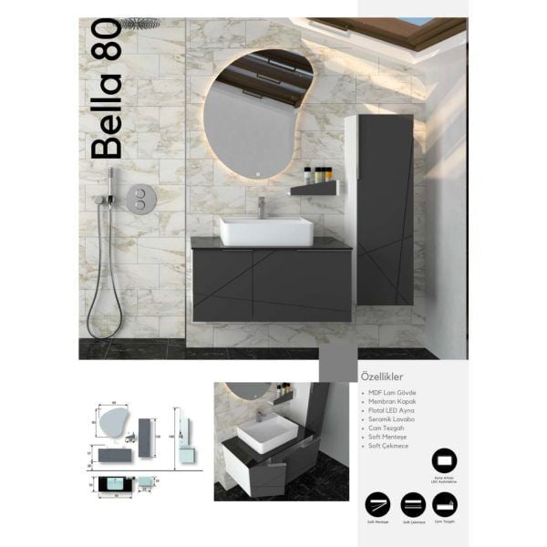 Bella 80 cm Banyo Dolabı –Modern Tasarım (Boy Dolabı Dahil Değildir)