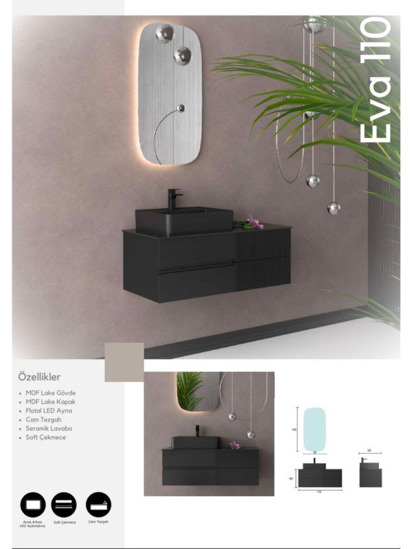 Evros Eva 110 cm Banyo Dolabı – MDF Gövdeli, Modern Tasarım