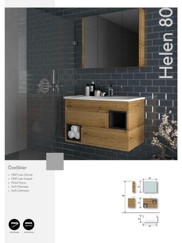 Evros Helen 80 cm Banyo Dolabı – MDF Gövdeli, Modern Tasarım
