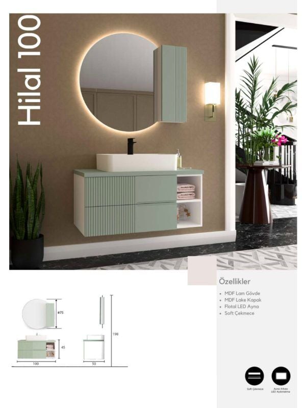 Evros Hilal 100 cm Banyo Dolabı – MDF Gövdeli, Modern Tasarım