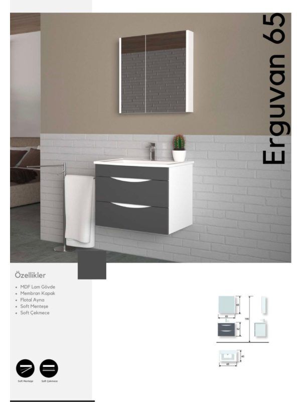 Evros Erguvan 65 cm Banyo Dolabı – Kompakt ve Fonksiyonel Tasarım