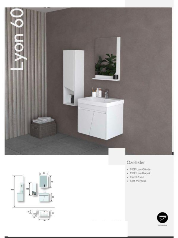 Evros Liyon 60 cm Banyo Dolabı – Modern Tasarım, Dayanıklı ve Şık