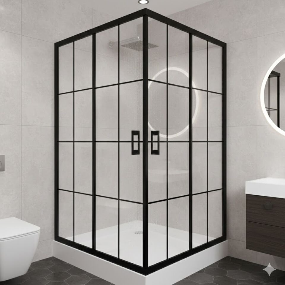 Siyah Profilli Kareloj Desenli Kare Duşakabin