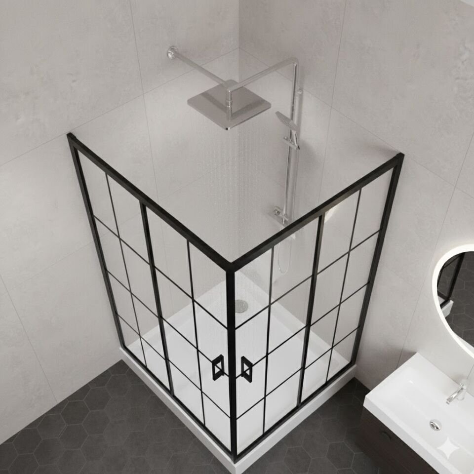 Çizgili Kareloj Desenli Cam Duşakabin – Siyah Profilli Kare Model