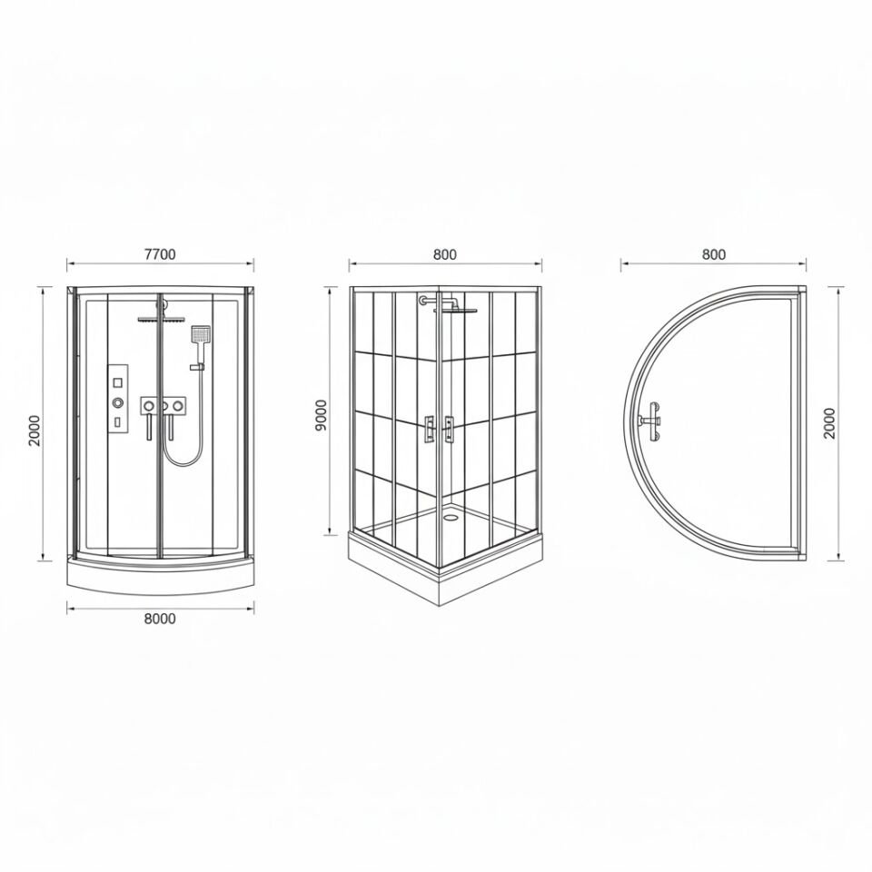 Cam Duşakabin h190 – Şeffaf Cam, Siyah Profilli Oval Kabin