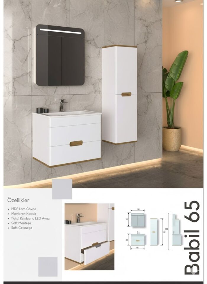 Babil 65 cm Lavabolu Banyo Dolabı | Modern Tasarım (Boy Dolabı Dahil Değildir)