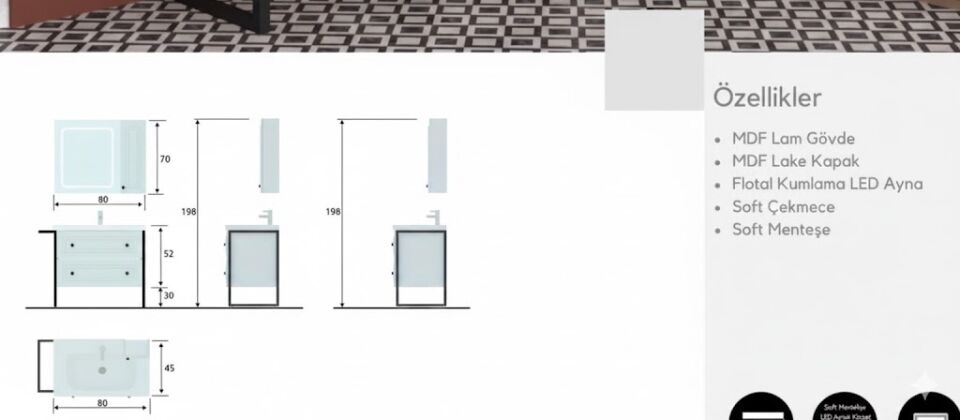 Prada 80 cm Lavabolu Banyo Dolabı | Modern ve Şık Tasarım