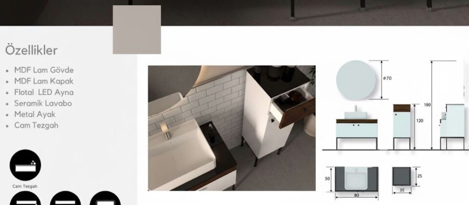 Dublin 80 cm Lavabolu Banyo Dolabı | Modern (Boy Dolabı Dahil Değildir)