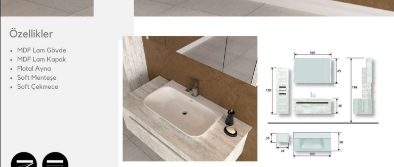 Vista 100 cm Lavabolu Banyo Dolabı | Ferah (Boy Dolabı Dahil Değildir)