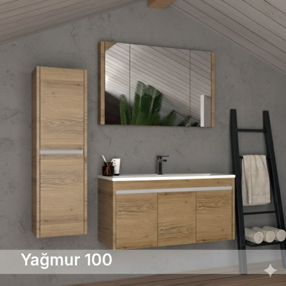 Yağmur 100 cm Lavabolu Banyo Dolabı | Doğal ve Ferah (Boy Dolabı Dahil Değildir)