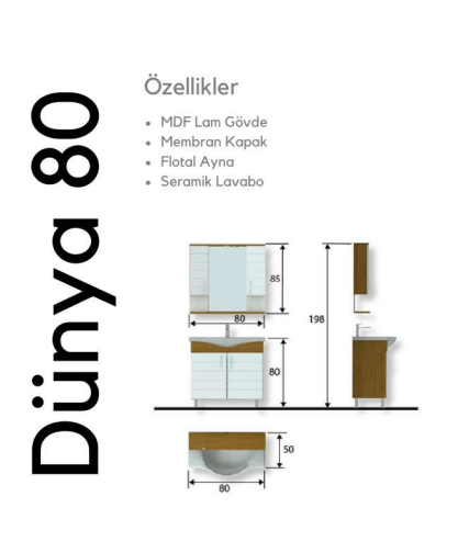 Dünya 80 cm Lavabolu Banyo Dolabı | Modern ve Geniş Tasarım