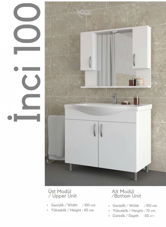 İnci Serisi 100 cm Lavabolu Banyo Dolabı | Zarif ve Ferah Tasarım