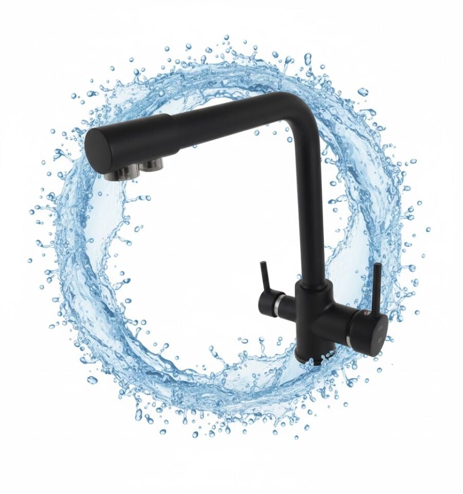 Zümrüt Siyah Arıtmalı Eviye Bataryası | Mat Siyah, Çift Su Çıkışlı Tasarım