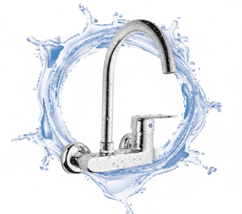 Yağmur Üstten Aplik Eviye Bataryası – Krom Pirinç Gövdeli Duvar Tipi Mutfak Bataryası