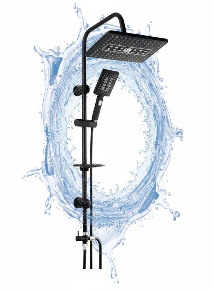 Lüx Siyah Tepe Duş Seti – Pirinç Yönlendiricili, 60 cm Lüx Spiral ve Duş Hortumlu Set