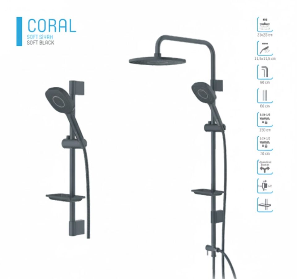 Coral Soft Siyah Tepe Duş Sistemi |Ayarlanabilir Robot Sistem