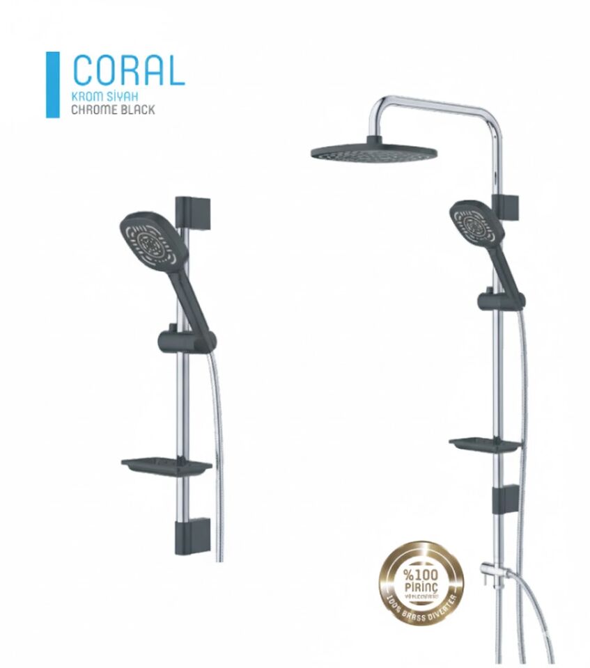 Krom Siyah Duş Sistemi | Tepe Duşlu, El Duşlu, Ayarlanabilir Robot Sistem