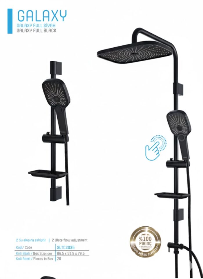 Galaxy Full Siyah Duş Sistemi | Tepe Duşlu, El Duşlu, Ayarlanabilir Robot Sistem