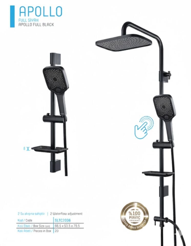 Apollo Full Siyah Duş Sistemi | Tepe Duşlu, El Duşlu, Ayarlanabilir Robot Sistem