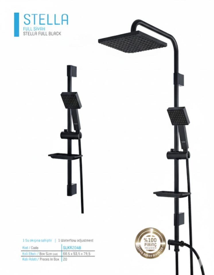 Stella Full Siyah Duş Sistemi | Tepe Duşlu, El Duşlu, Ayarlanabilir Robot Sistem