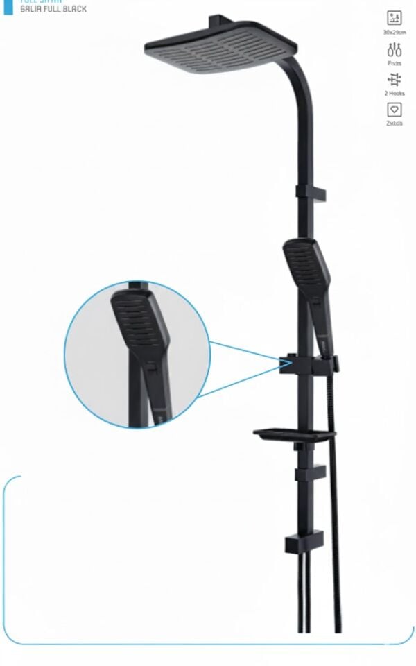 Galia Full Siyah Duş Sistemi –  Modern Tepe Duş Seti