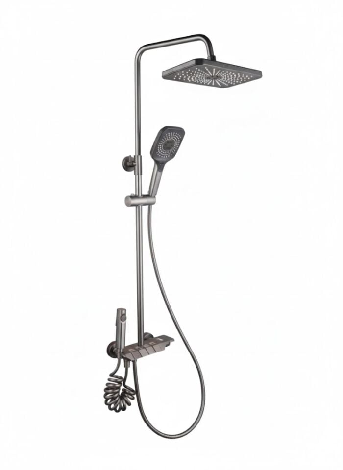 Piano Bataryalı Antrasit Duş Sistemi – Modern Tasarım, Tepe Duşlu Banyo Seti
