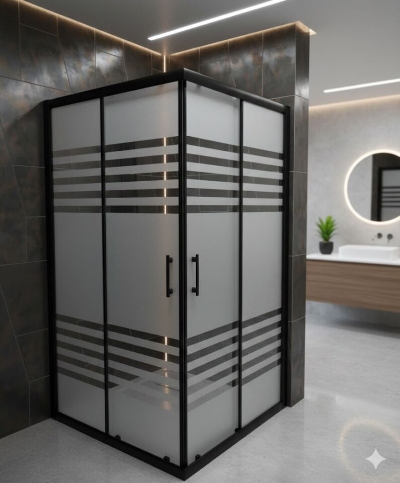 Ortası Tam Kumlu Çizgi Desenli Duşakabin – Siyah Profil, Modern Cam Tasarım