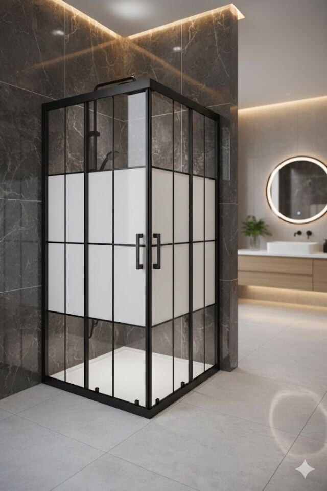 Siyah Karolajlı Duşakabin – Ortası Kumlu Cam – Siyah Profil Modern Tasarım