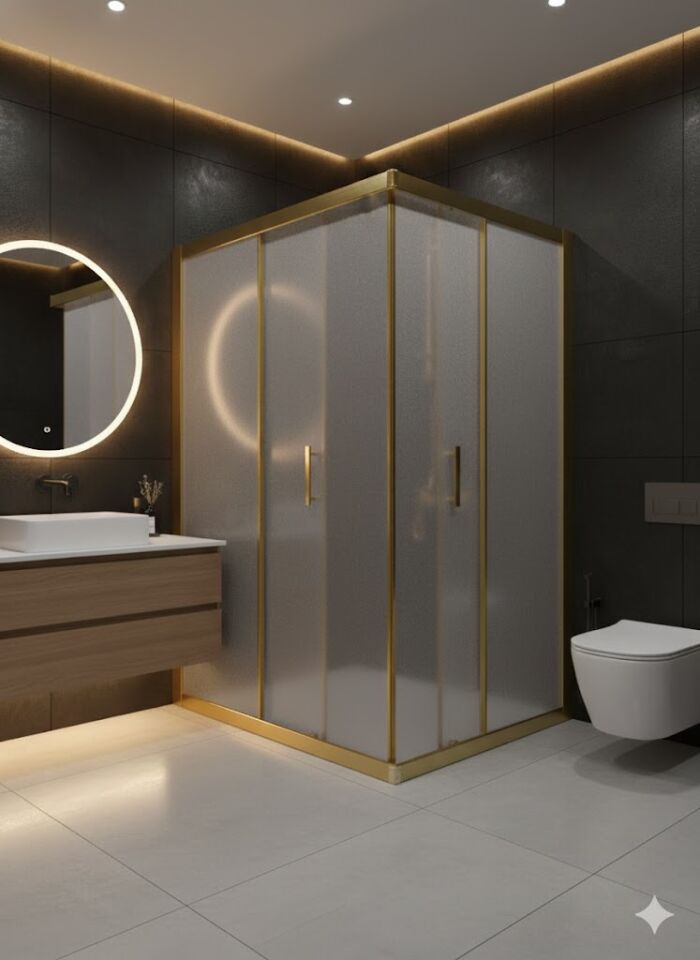 Gold Profil Kumlu Cam Duşakabin – Lüks Tasarım, Modern Banyo Çözümü