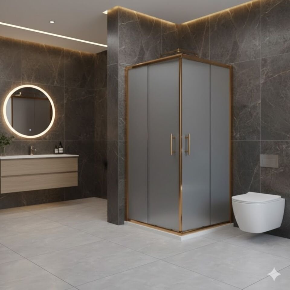 Gold Profil Kumlu Cam Duşakabin – Lüks Tasarım, Modern Banyo Çözümü