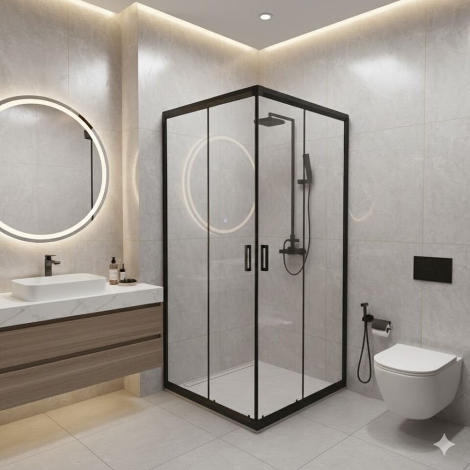 Siyah Profil Şeffaf Cam Duşakabin – Modern ve Şık Banyo Tasarımı