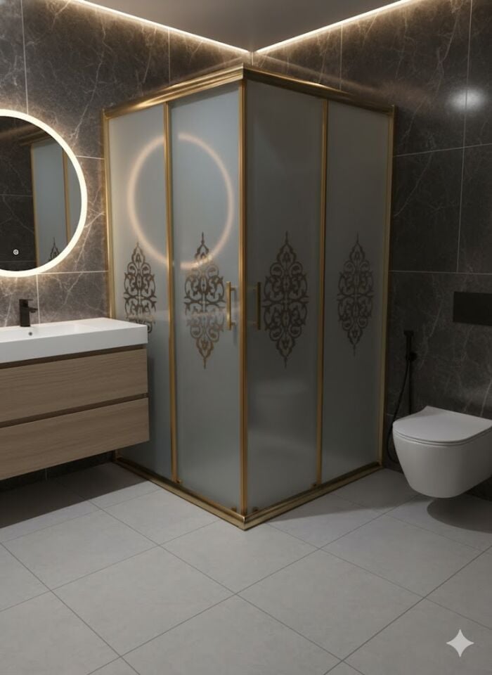 Gold Profil Kumlu Desenli Cam Duşakabin – Lüks ve Modern Banyo Tasarımı