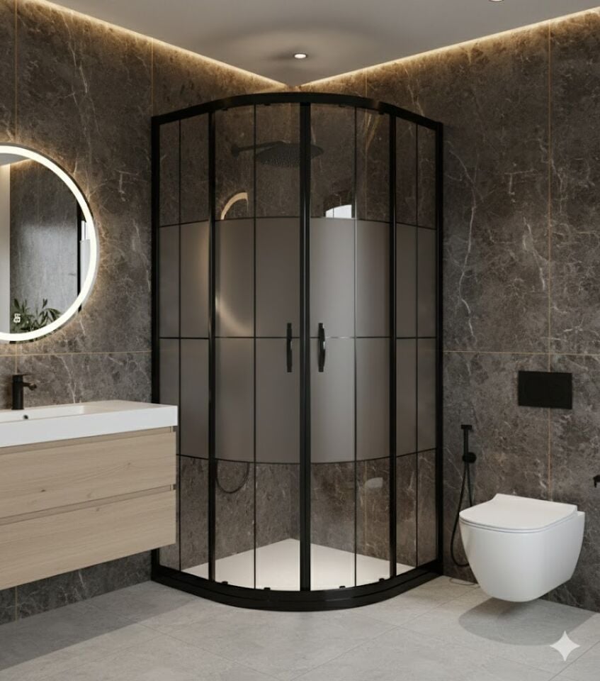 Siyah Profil Ortası Kumlu Cam Duşakabin – Modern Tasarım, Yüksek Mahremiyet