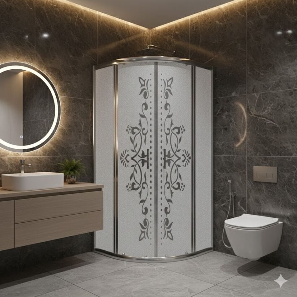 Oval Krom Profilli Kumlu Desenli Cam Duşakabin – Zarif Banyo Tasarımı
