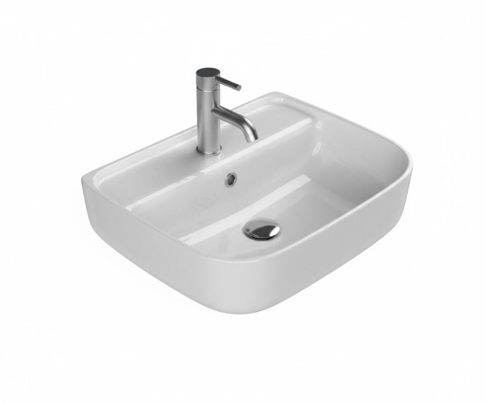 Aqua Serisi Duvara Sıfır Tezgah Üstü Lavabo 55×42 cm | Modern Seramik Lavabo