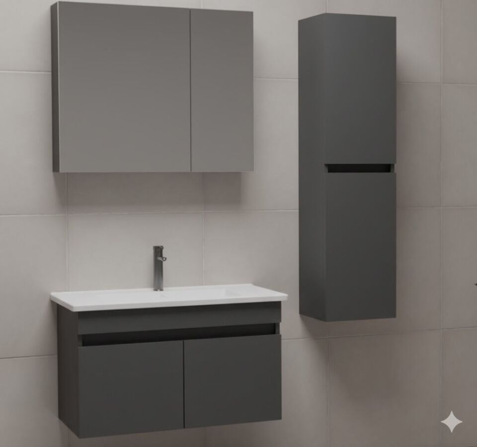 BELLA PLUS 100 cm Antrasit Banyo Dolabı – Modern Tasarım, Lavabolu