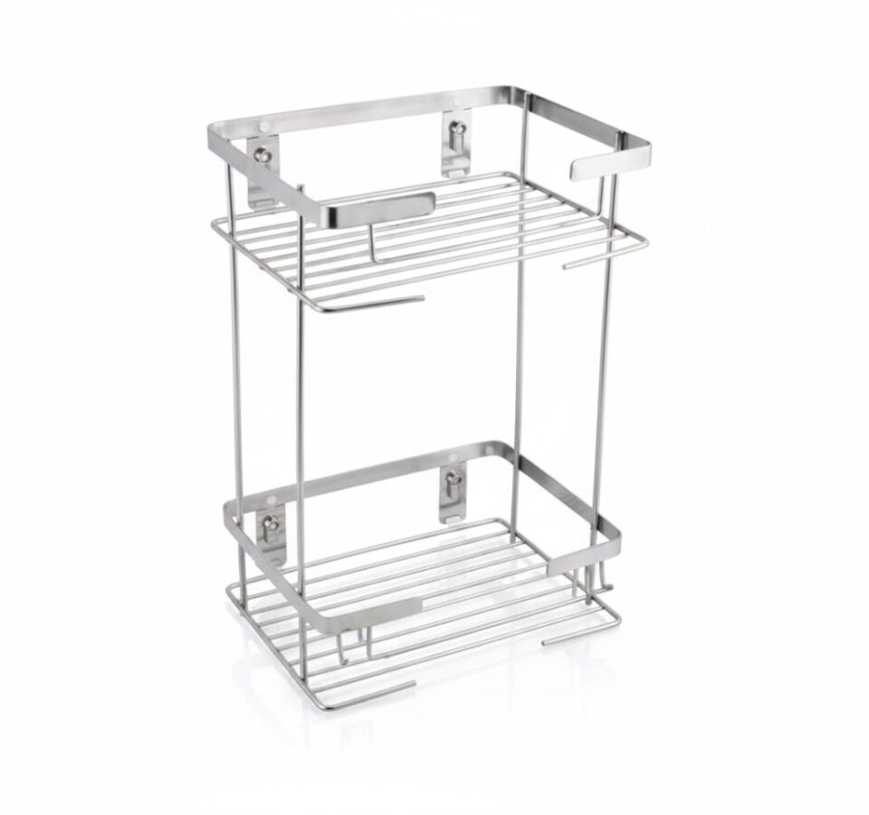 Dikdörtgen Krom İkili Şampuanlık - Duvara Monte 2 Katlı Banyo Rafı