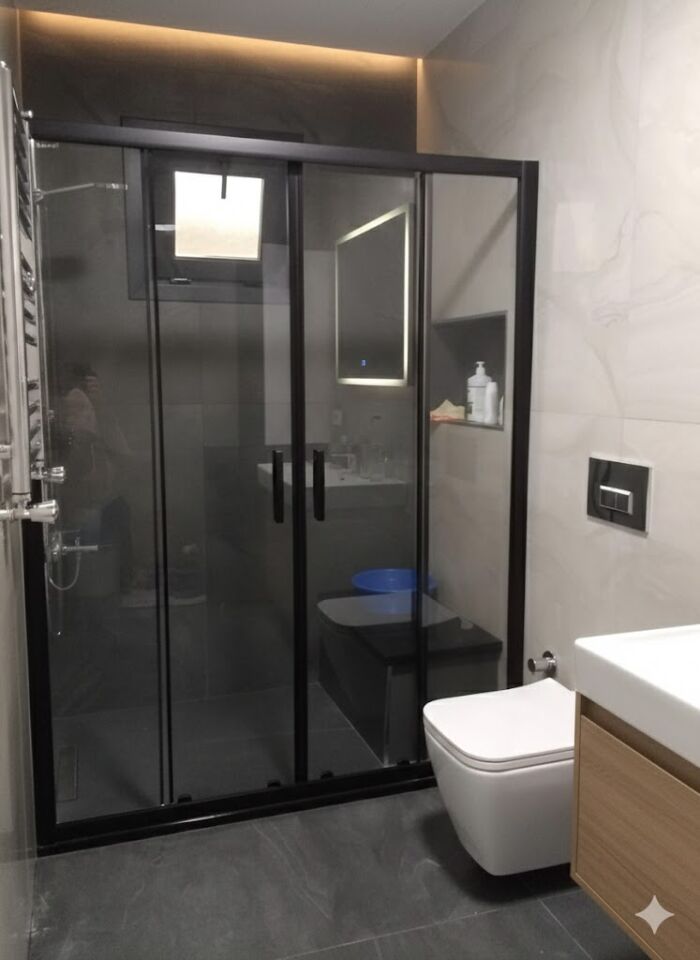 İki Duvar Arası Siyah Profilli Duşakabin | Şeffaf Cam Duşakabin