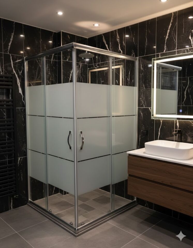 İki Açılır Krom Duşakabin | Ortası Kumlu Cam Duşakabin