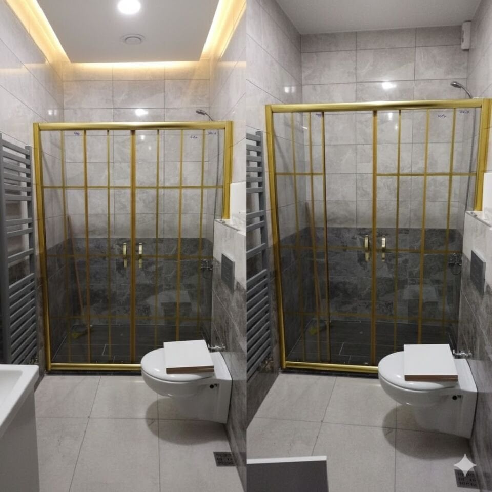 İki Duvar Arası Gold Profilli Duşakabin | Gold Karolajlı Cam Duşakabin