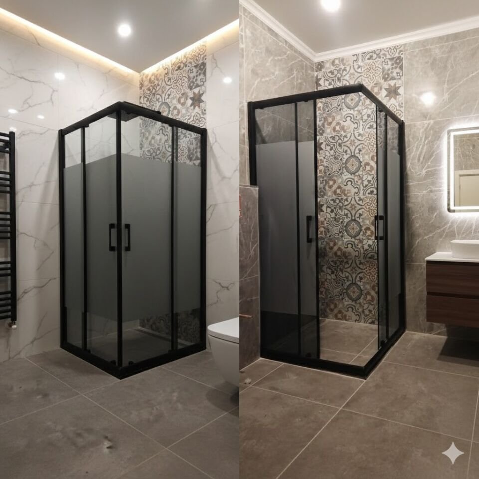 İki Duvar Arası Siyah Profilli Duşakabin | Ortası Kumlu Füme Cam