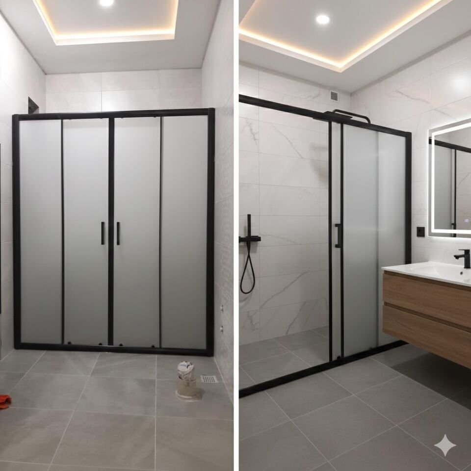 İki Duvar Arası Siyah Profilli Duşakabin | Full Kumlu Cam Duşakabin