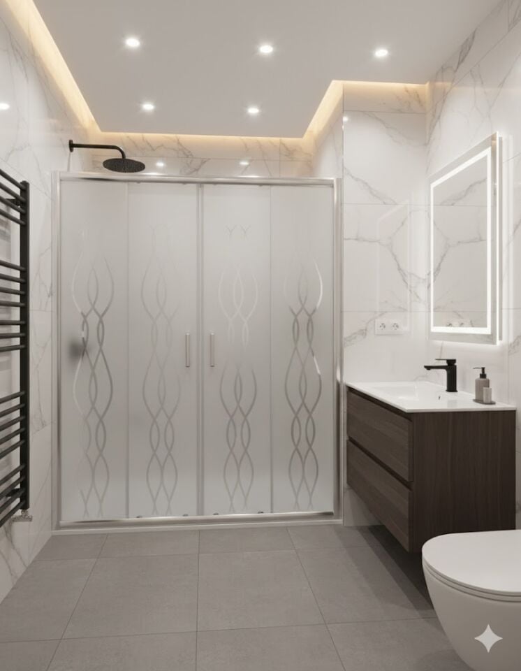 İki Duvar Arası Krom Profilli Duşakabin | Desenli Kumlu Cam Duşakabin